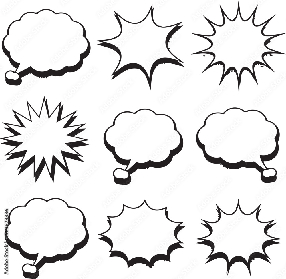 Nine Black and White Comic Book Style Speech Bubbles and Starburst Shapes Vector Illustration Set Blank Templates for Text Design Elements Nine Black and White Comic Book Style Speech Bubbles and Starburst Shapes Vector Illustration Set Blank Templates for Text Design Elements