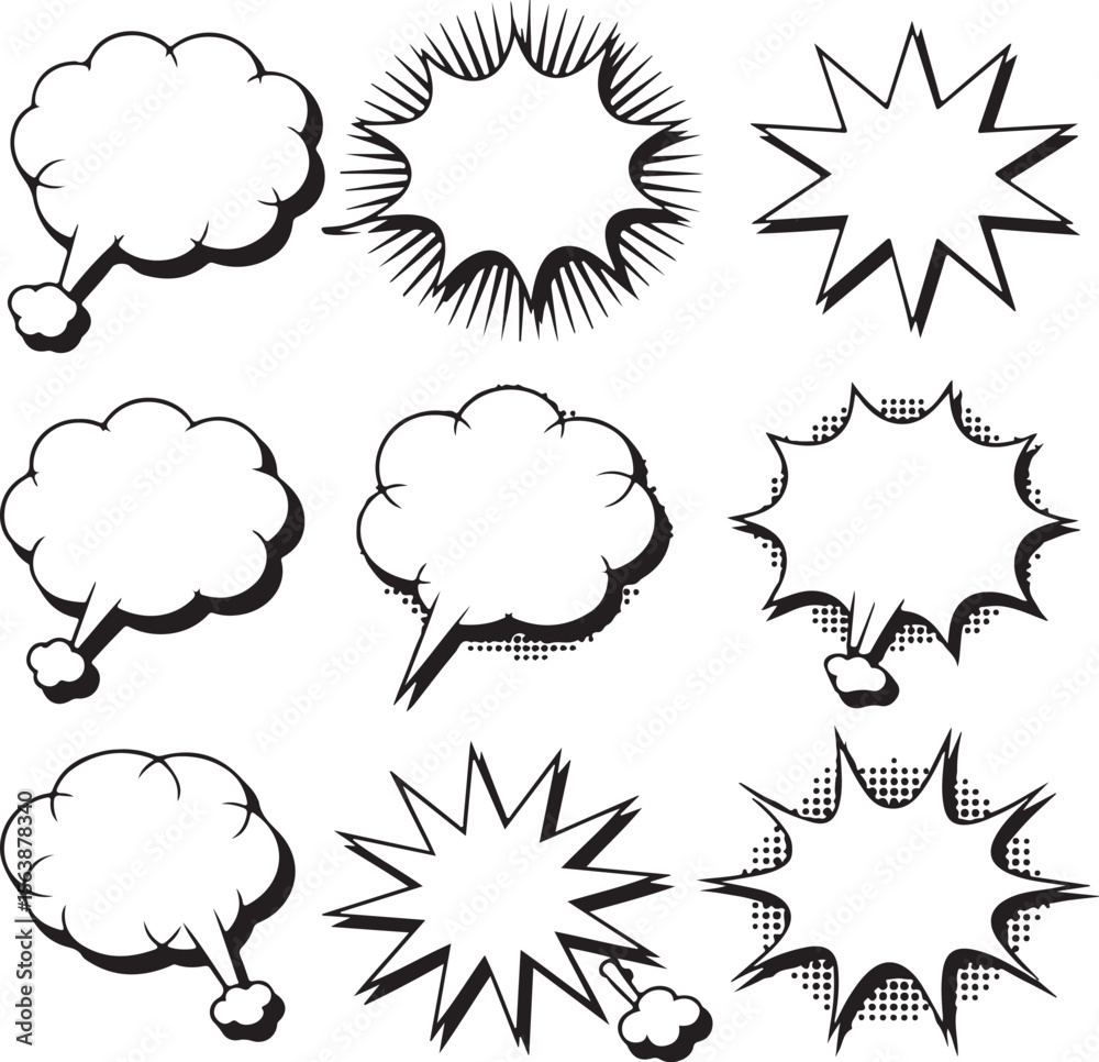 Nine Black and White Comic Book Style Speech Bubbles and Starburst Shapes Vector Illustration Set Blank Templates for Text Design Elements for Graphic Nine Black and White Comic Book Style Speech Bubbles and Starburst Shapes Vector Illustration Set Blank Templates for Text Design Elements for Graphic