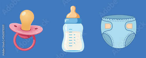 Baby Essentials Set on Blue: An appealing set featuring a pacifier, baby bottle, and diaper, captured with high-quality illustration. These items embody the essentials of early childcare.