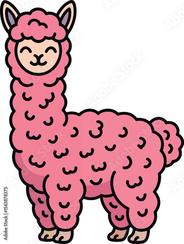 Cute happy pink alpaca cartoon vector illustration.