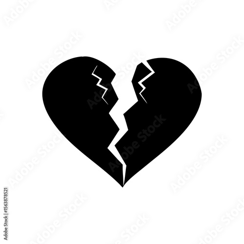 Black broken heart symbol with sharp jagged crack representing heartbreak and sadness isolated on white background isolated on transparent background