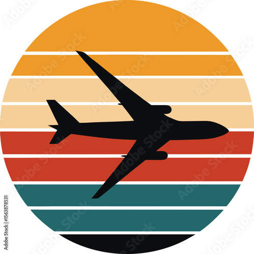 Airplane taking off silhouette on retro vintage striped sunset