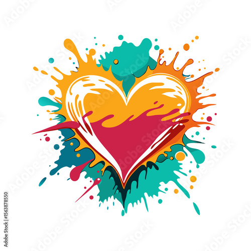 Vibrant abstract heart shape formed by colorful paint splashes and splatters isolated on white background isolated on transparent background
