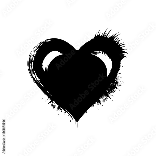 Abstract black heart shape with distressed edges and splatters isolated on white background isolated on transparent background