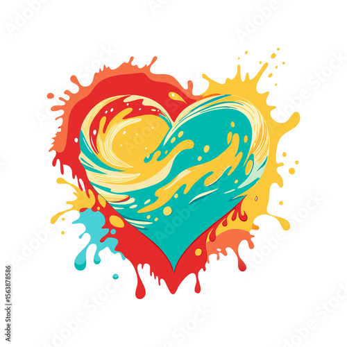 Vibrant abstract heart shape formed by colorful paint splashes and flowing liquid isolated on white background isolated on transparent background