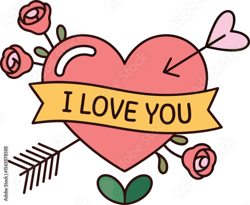 Vector illustration for Valentine's Day with an "I Love You" heart, arrow, and roses.