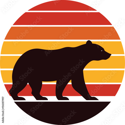 Bear silhouette on retro vintage striped sunset