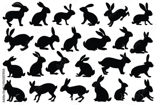A vector collection of black rabbit silhouettes, perfect for illustrating wild and domestic mammals