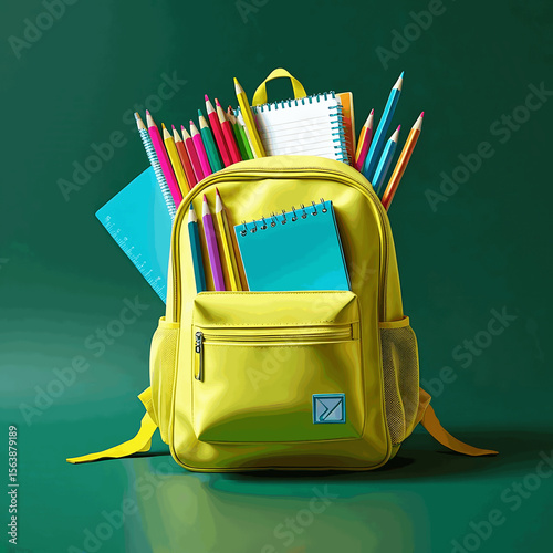Bright yellow backpack overflowing with colorful school supplies on a green background