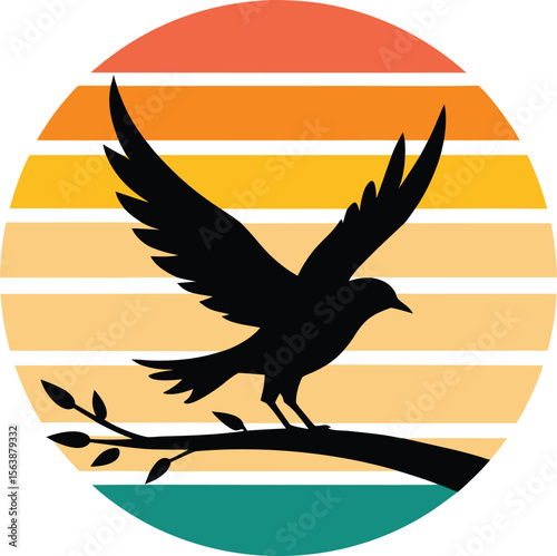 Bird flying with branch silhouette on retro vintage striped sunset