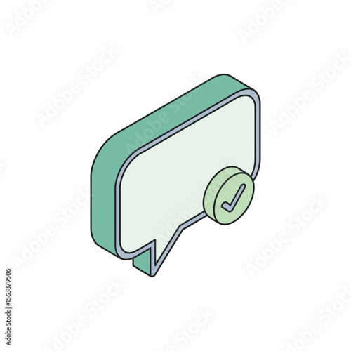 Isometric speech bubble with a green checkmark indicating confirmation or success