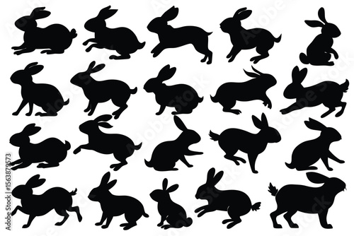 A vector collection of black rabbit silhouettes, perfect for illustrating wild and domestic mammals