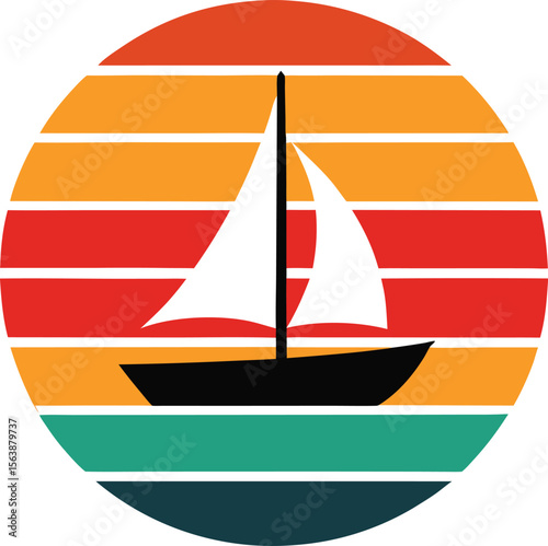 Boat sailing silhouette on retro vintage striped sunset