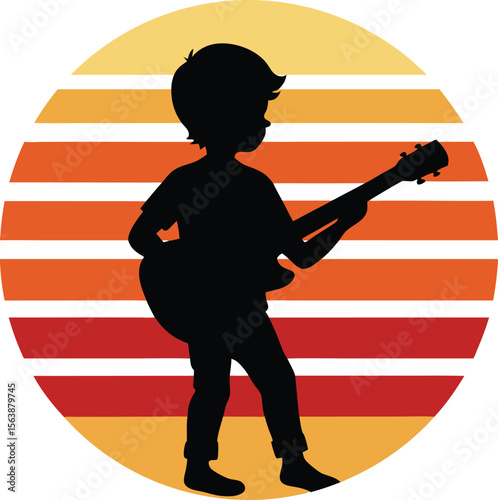 Boy playing guitar silhouette on retro vintage striped sunset