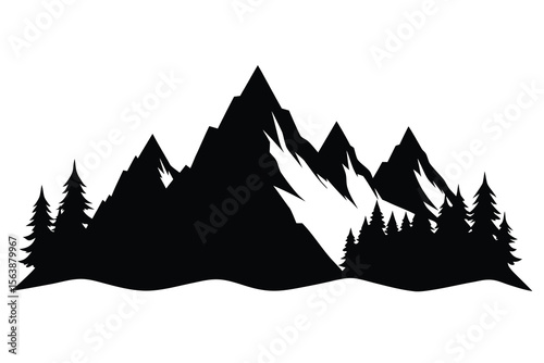 Majestic mountain range silhouette with evergreen trees