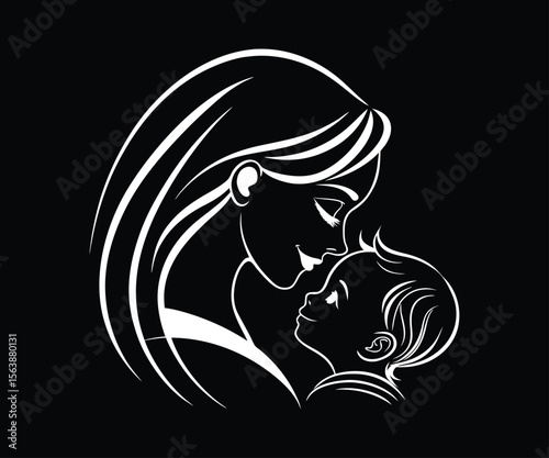 Stylized white outline of a mother and baby embracing on a black background