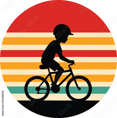 Boy riding bicycle silhouette on retro vintage striped sunset