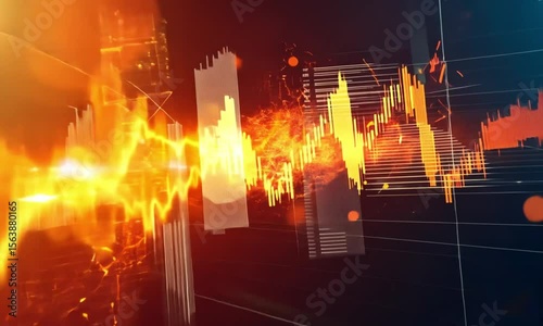 Abstract financial chart with orange and yellow color scheme and grid lines overlaying