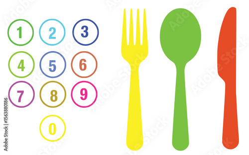 Colorful numbered circles and cutlery numbers fork