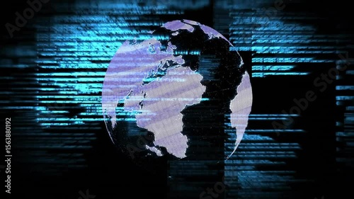 Faint blue lines drifting, starting digital globe rotating and glitching showing stream corruption