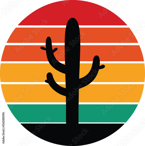 Cactus desert silhouette on retro vintage striped sunset