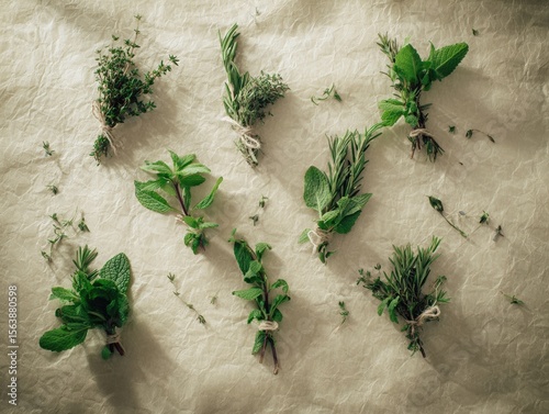 A variety of fresh herbs, including basil, thyme, and rosemary, are neatly bundled with twine and displayed on a rustic paper backdrop, reflecting a garden harvest aesthetic