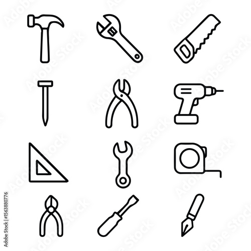Collection of common hand tools and power tools isolated on white background