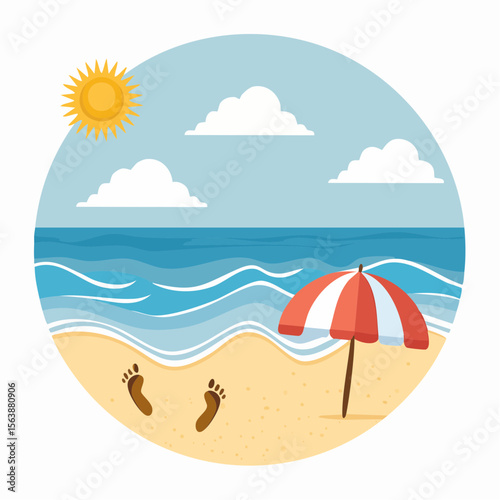 Beach Paradise: A picturesque beach scene, with ocean waves kissing the sandy shore. An inviting red and white striped umbrella sits beside a pair of footprints in the sand.