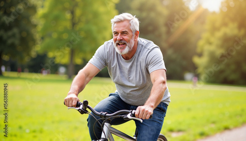 Elderly man riding bicycle and smiling in sunny park outdoors  