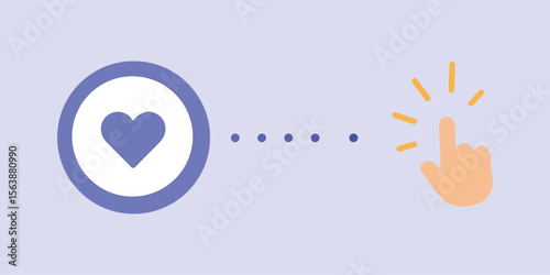 Click to Like Icon: A minimalistic digital illustration features a purple heart icon within a circular frame, connected by dotted lines to a hand clicking.