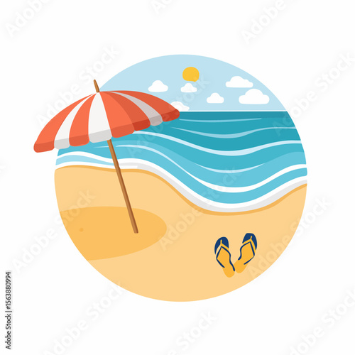 Beach Vacation Illustration: A whimsical illustration captures a sunny day at the beach, featuring a striped parasol casting shade over the sandy shore.