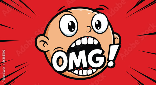Shocked Face OMG: A cartoon illustration of a bald baby's head with wide eyes and an open mouth shouting "OMG!" against a dynamic red background with radiating lines.