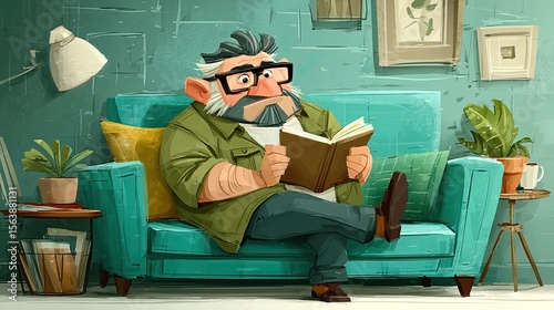 Plus Size Man Reading a Book on a Teal Sofa in a Cozy Living Room