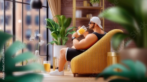 Plus Size Man Relaxing in Gym Lounge Drinking Smoothie