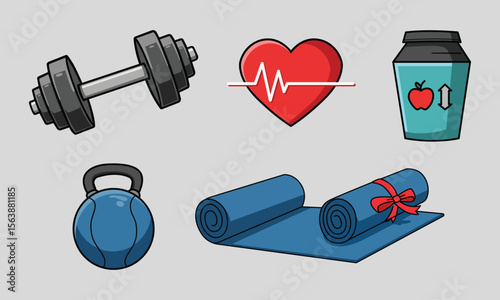 Gym Equipment Vector Art: A vibrant collection of vector art showcasing a dumbbell, kettlebell, yoga mat, heart rate monitor, and protein shake bottle, set against a fitness lifestyle concept.