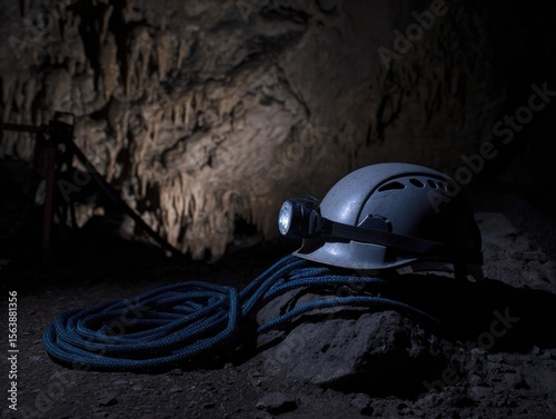 A cavers helmet equipped with a mounted light is placed on the rocky ground in a dark underground cavern. Nearby, a climbing rope is coiled, suggesting preparation for exploration
