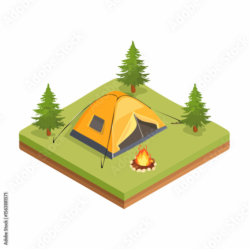 Camping Tent in Nature: A vibrant illustration presents a bright orange camping tent pitched amidst a verdant green meadow, accompanied by a crackling campfire and towering trees.