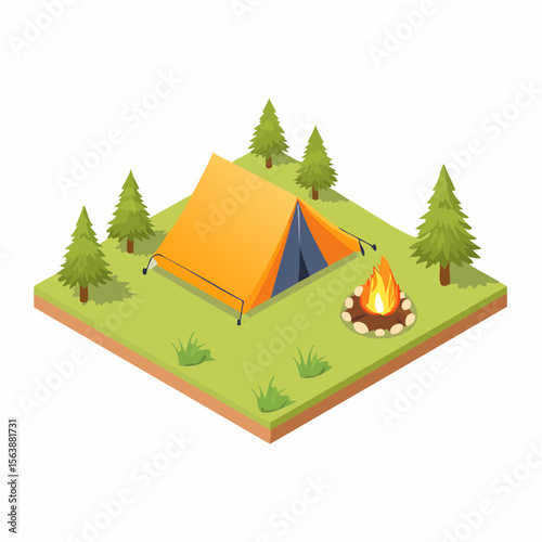 Camping Scene: A vibrant camping scene, featuring a cozy tent, a crackling campfire, and flourishing evergreen trees.  It's a perfect illustration of outdoor adventure and relaxation.