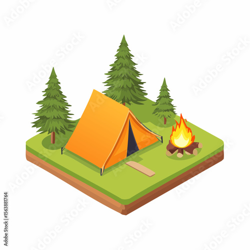 Isometric Camping Illustration: An isometric illustration showcases a cozy camping scene, complete with a tent pitched near a crackling campfire and tall trees.