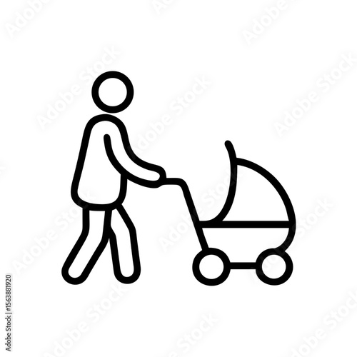 Parent pushing stroller icon in black line style on white background