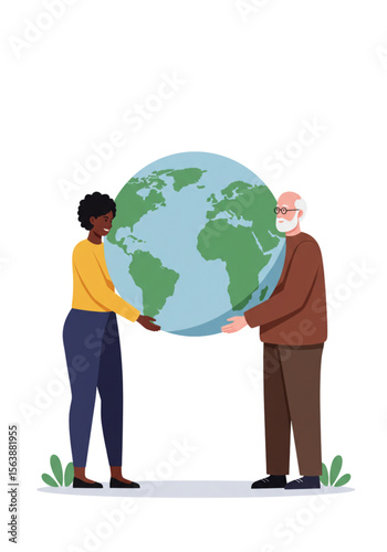 two different people, black woman and elderly white man tenderly holding big globe together. Flat vector illustration on transparent background