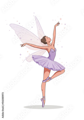 graceful fairy ballerina in mid-dance, transparent wings, soft glowing silhouette, stylized tutu and smooth pose. Flat vector illustration on transparent background