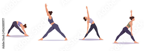 Demonstration of yoga poses by female instructor in sportswear. Set of flat vector illustrations on transparent background