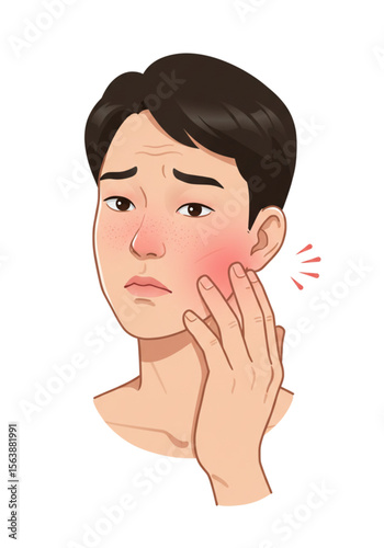 close-up of young light-skinned asian man touching his red irritated cheek. Flat vector illustration on transparent background