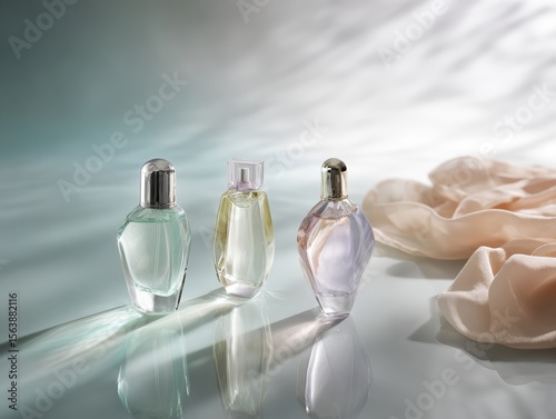 Three elegant perfume bottles glisten in the light, showcasing their translucent designs. A delicate fabric drapes nearby, enhancing the serene atmosphere of the composition