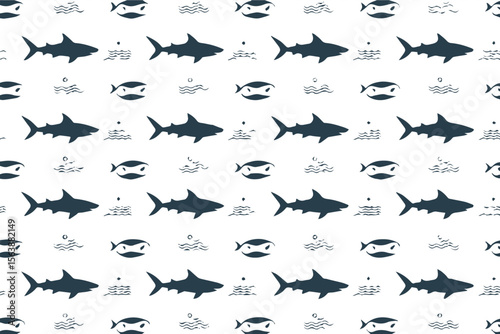 seamless shark pattern vector with minimalist fish and wave silhouettes for ocean-themed design backgrounds