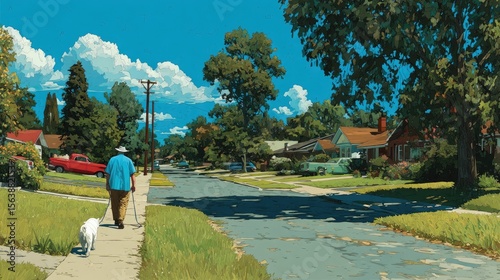 Plus Size Man Walking Dog on Sunny Suburban Street