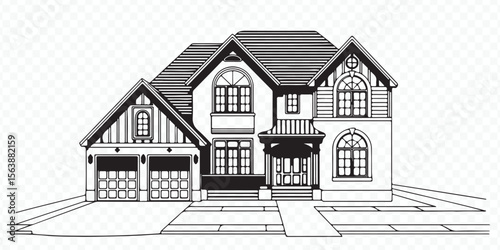 detailed black and white vector illustration of a modern two-story house front elevation with garage windows and porch
