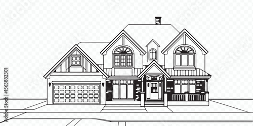 contemporary house exterior vector with detailed architectural features including garage doors windows porch and balcony