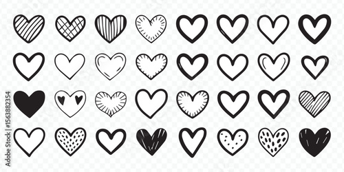 hand-drawn heart vector set with 32 doodle heart illustrations for wedding invitation greeting cards